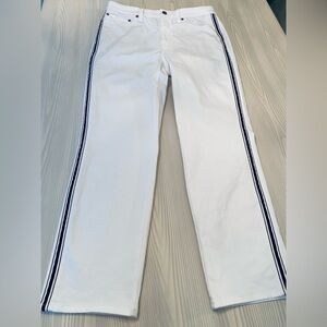 Talbots Flawless High Waist Straight Ankle Jeans White Navy Side Stripes Size 8